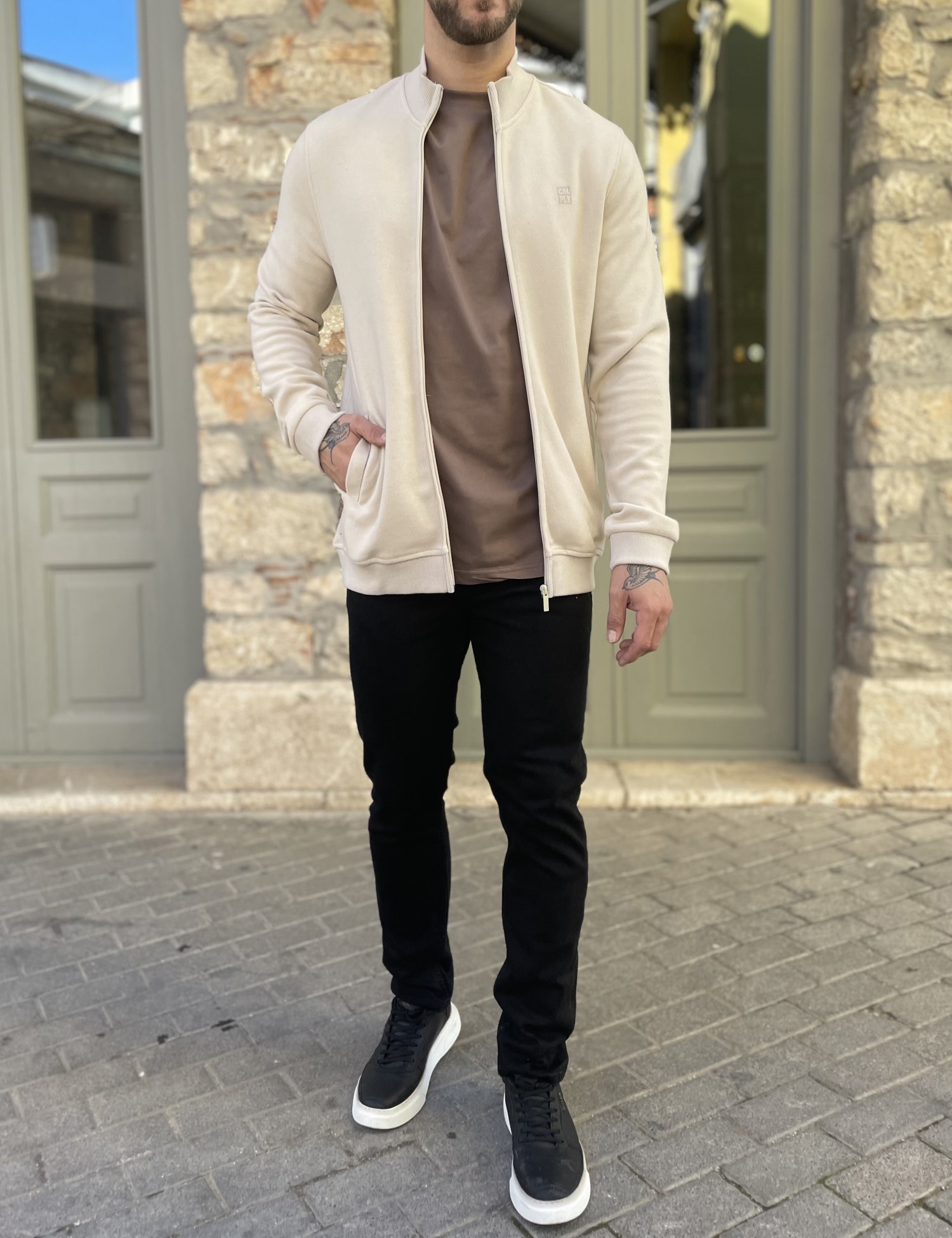 Ανδρική μπεζ βαμβακερή ζακέτα με γιακά 2330B φωτογραφία